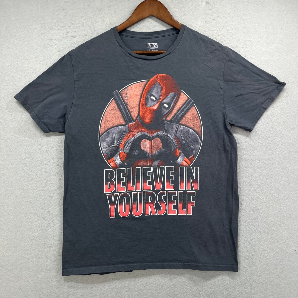 Deadpool Believe In Yourself Marvel Graphic Tee Mens L Gray Superhero Street Tee